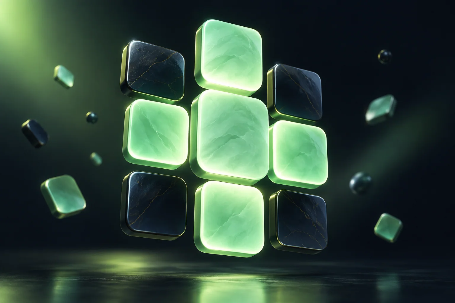 Illustration of glowing mint tiles floating against a midnight background